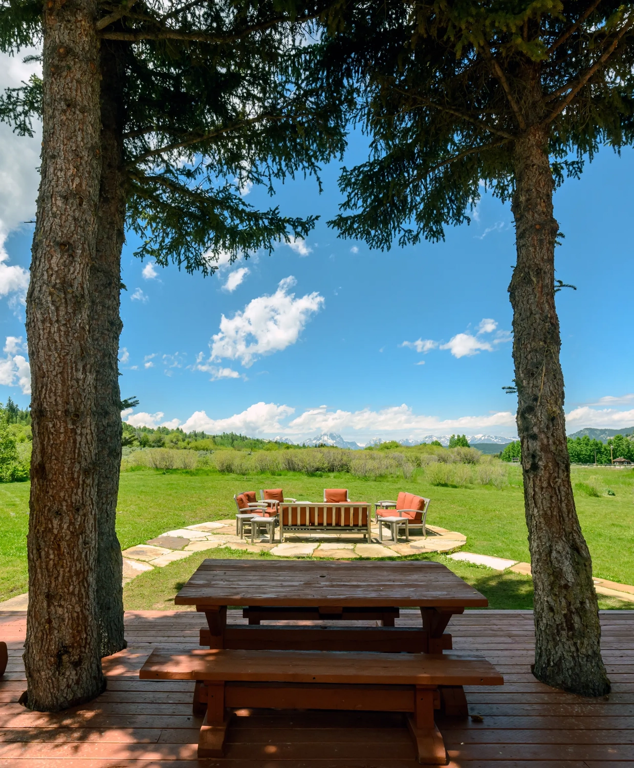 a picnic table between trees and an outdoor sitting area