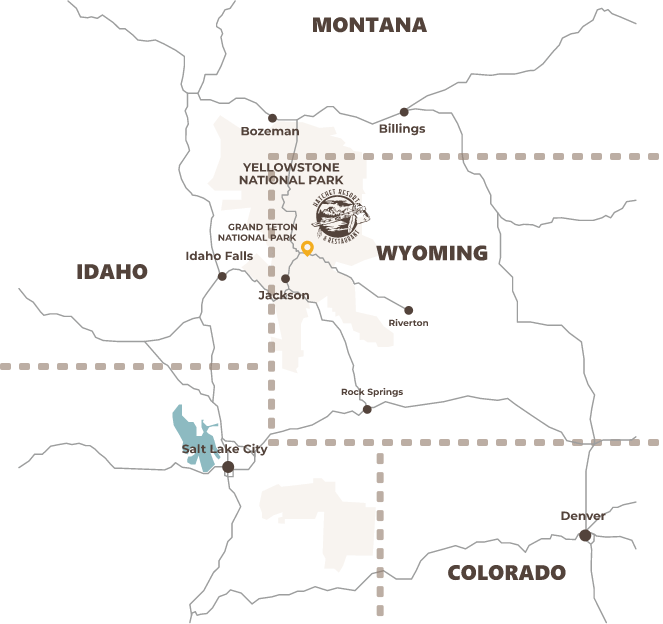a map of the area surrounding the hatchet resort, including jackson, yellowstone, and grand teton parks