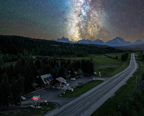 an aerial view of the Hatchet Resort with stars in the sky overhead