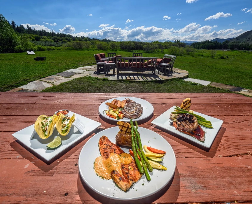 entrees on a table in an outdoor patio dining area with trees